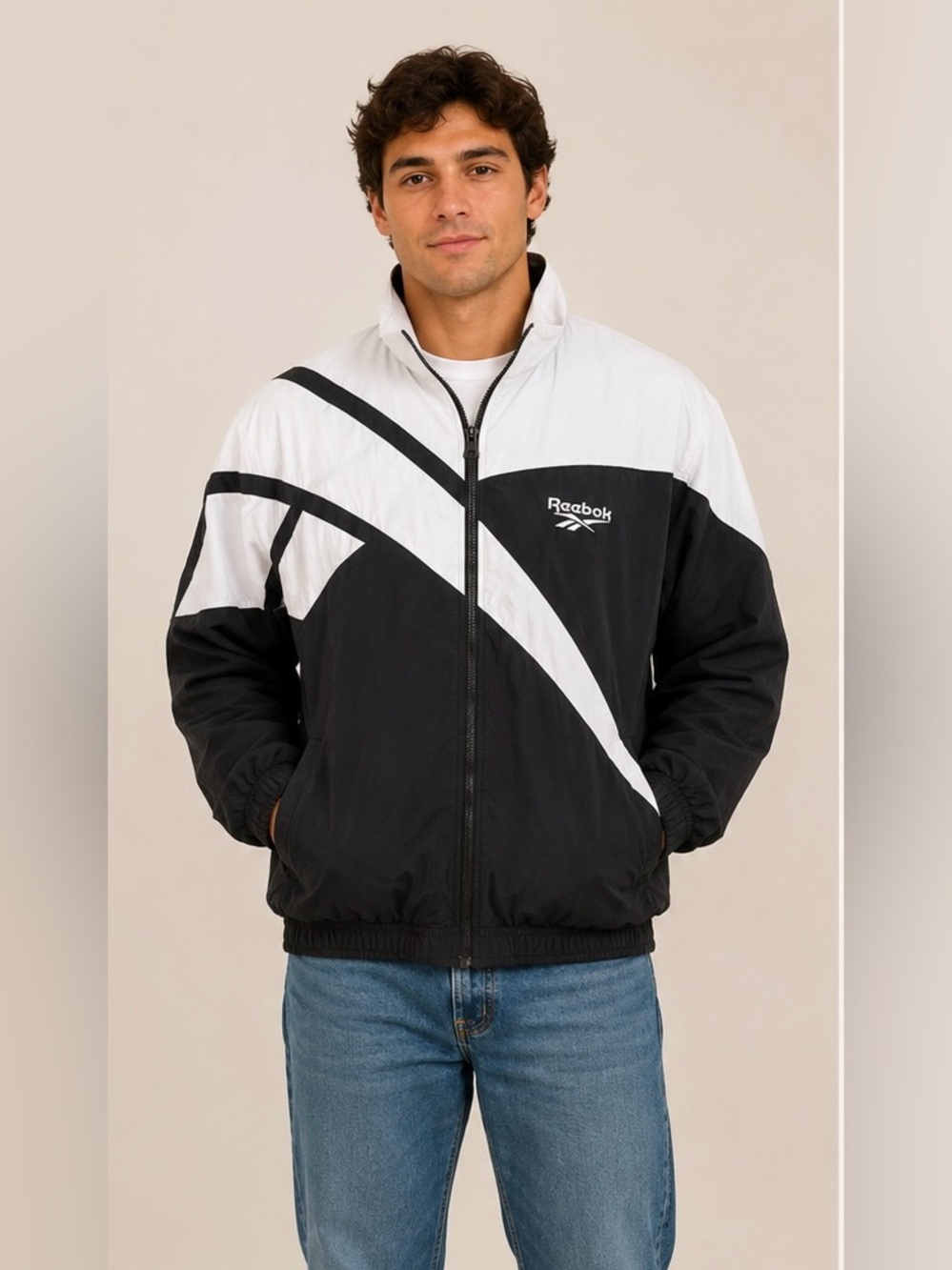 Vintage Reebok Windbreaker Jacket Black White Colorblock Men's Large